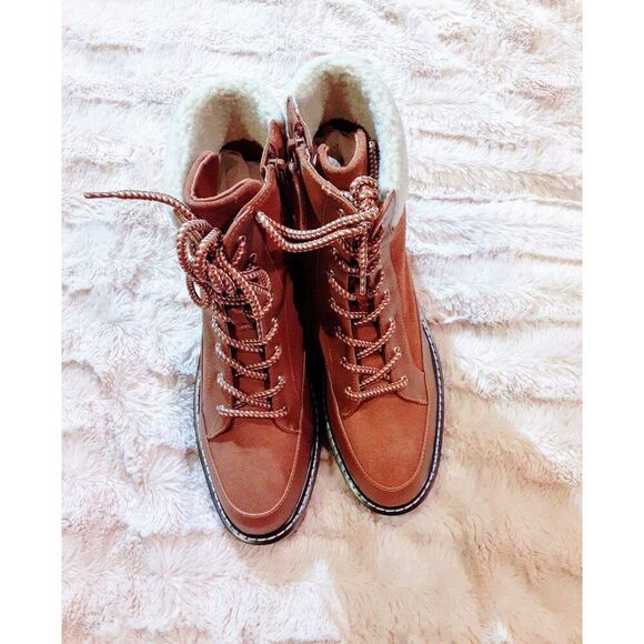 Violet & Red Womens Alexa Fleece Lined Lug Sole Leather Combat Boots 8.5 Cognac - Picture 4 of 8